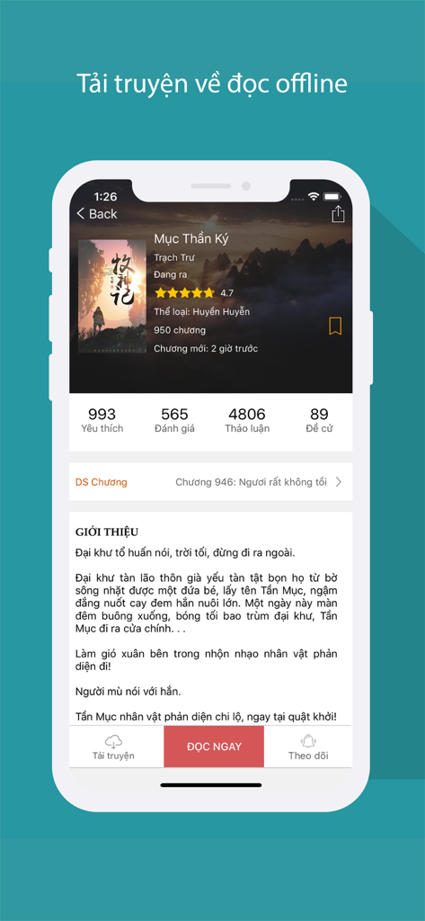 Tang Thu Vien app interface showing novel details and offline download option