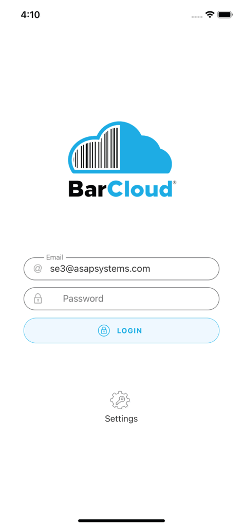 BarCloud mobile app login screen with email and password fields