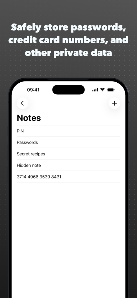Vault – Keep your files hidden - iPhone interface of the Vault app showing a secure notes section with stored passwords and credit card information