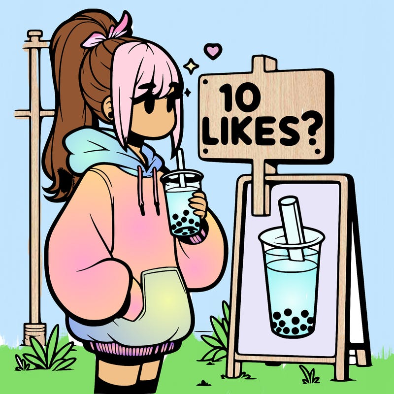 girl with oversized hoodie drinking boba and she has a high ponytail with a sign that says 10likes?