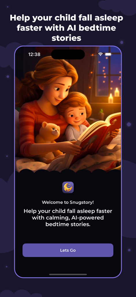 SnugStory: Bedtime Stories - A cozy illustration of a mother and child reading a book together on the SnugStory app welcome screen