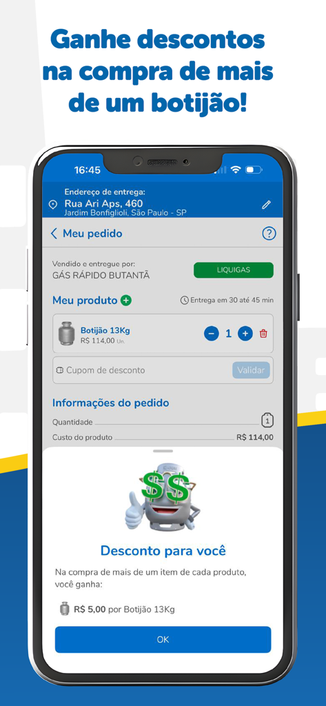 Upgas mobile app screen showing a discount notification for ordering multiple gas cylinders.