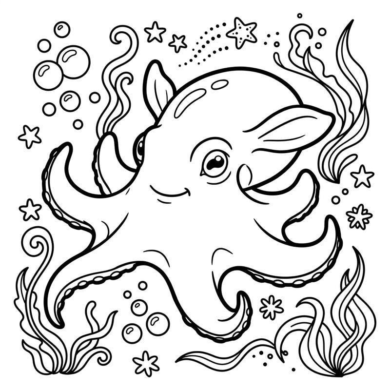 Introduce your little one to the wonders of the deep sea with this charming Flapjack Octopus coloring page. Designed specifically for toddlers, its bold lines and large areas make coloring a joyful and easy experience.