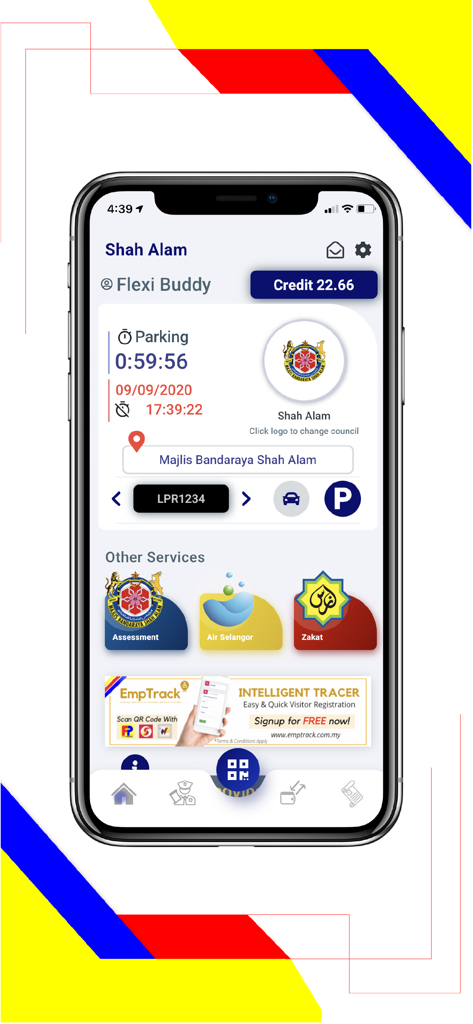 Flexi Parking - Smartphone screen displaying the Flexi Parking app dashboard with an active timer and credit balance
