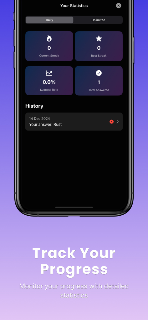 The Daily Question - Statistics screen of The Daily Question app showing user streaks and progress history