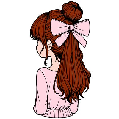 realistic girl  with hip length hair a bun and a big bow on the back of head