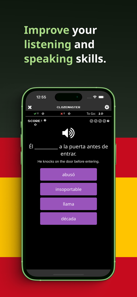 Clozemaster Spanish - Un teléfono móvil mostrando un ejercicio de frase de completar espacios en español con opciones de respuesta múltiple.