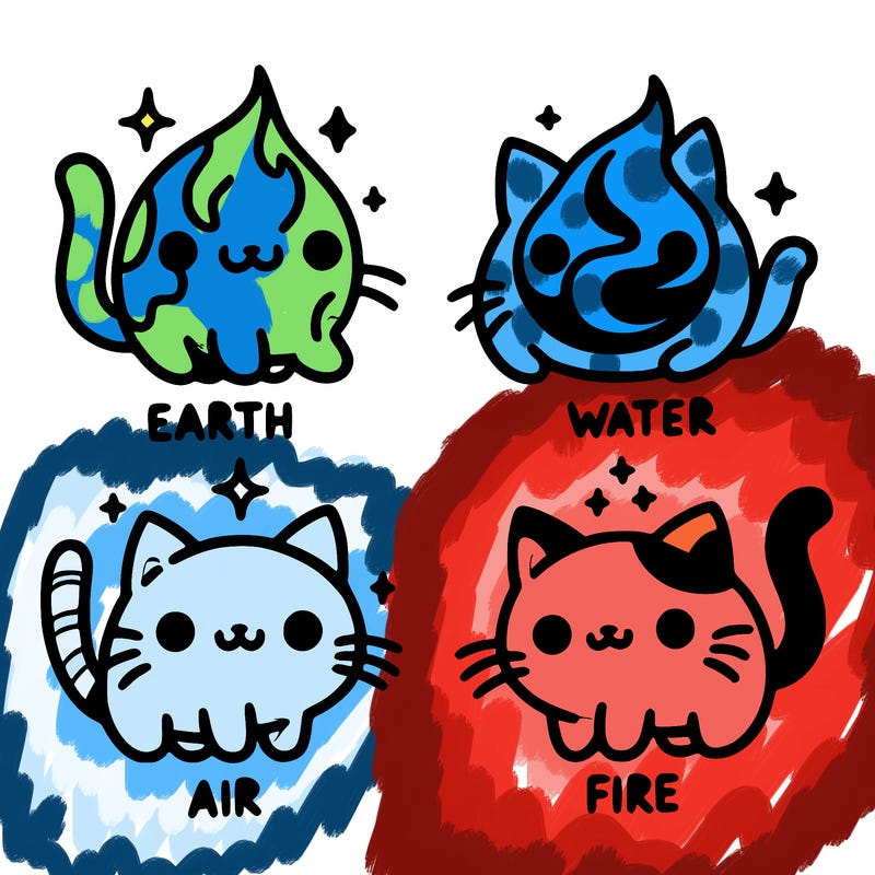4 cats that represent the different elements, earth, water, air, and fire