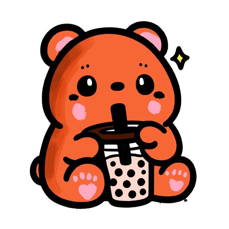 a cute bear drinking boba