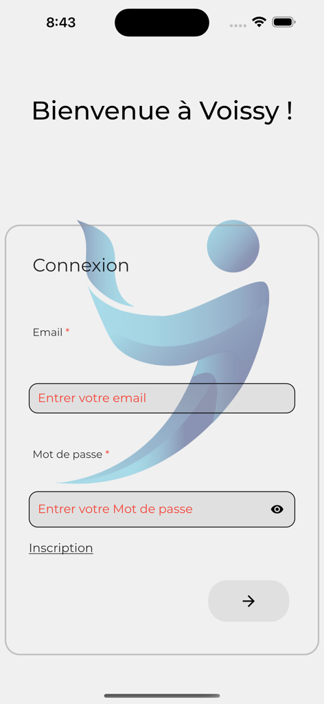 Écran de connexion de l'application Voissy avec les champs de saisie d'e-mail et de mot de passe