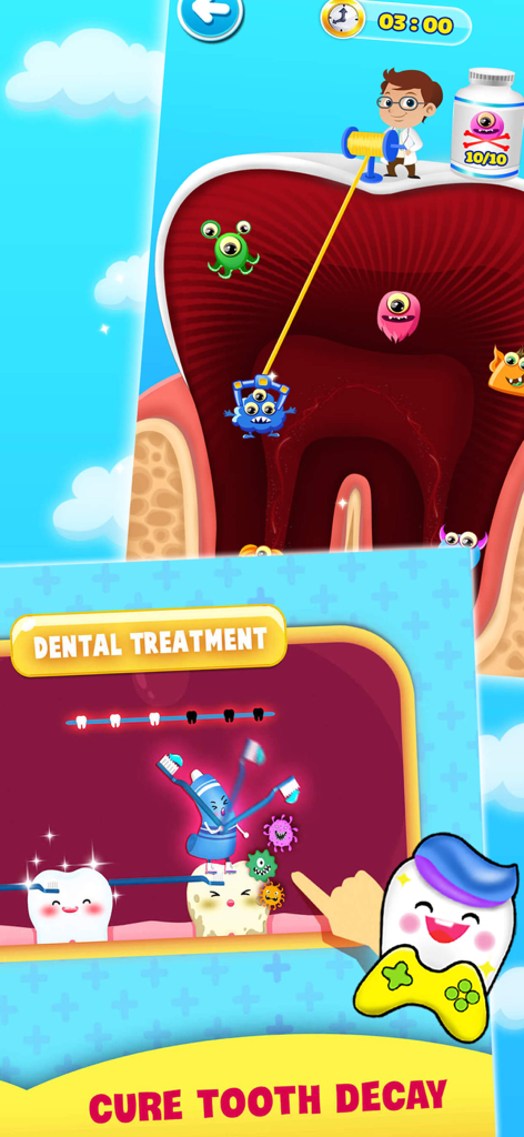 Cartoon gameplay of a children's dentist simulator showing tooth cleaning and bacteria removal.