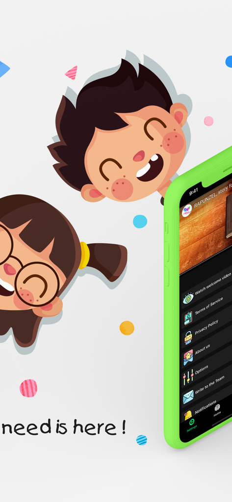 The settings menu of the Baby Kids Tube app displaying parental options against a background of cheerful cartoon children