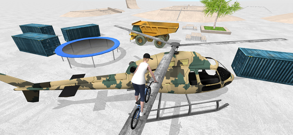 BMX Space - Un rider de BMX realizando un truco en el ala de un helicóptero en un parque de skate sandbox personalizado