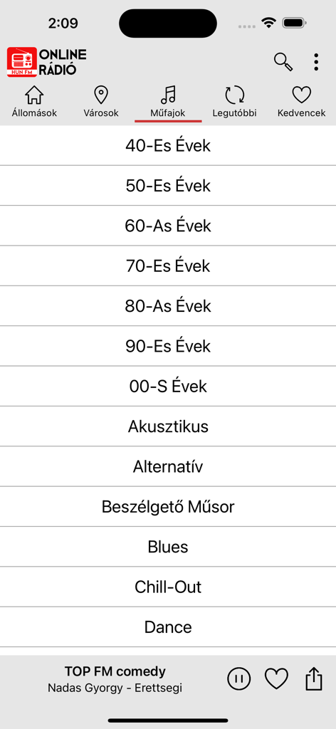 Online Rádió - Interface do aplicativo Rádio Online exibindo uma lista de gêneros musicais em húngaro.