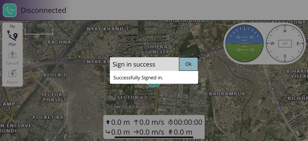 ANRA QGroundControl - ANRA QGroundControl app interface showing a login success message over a satellite map for drone mission planning.