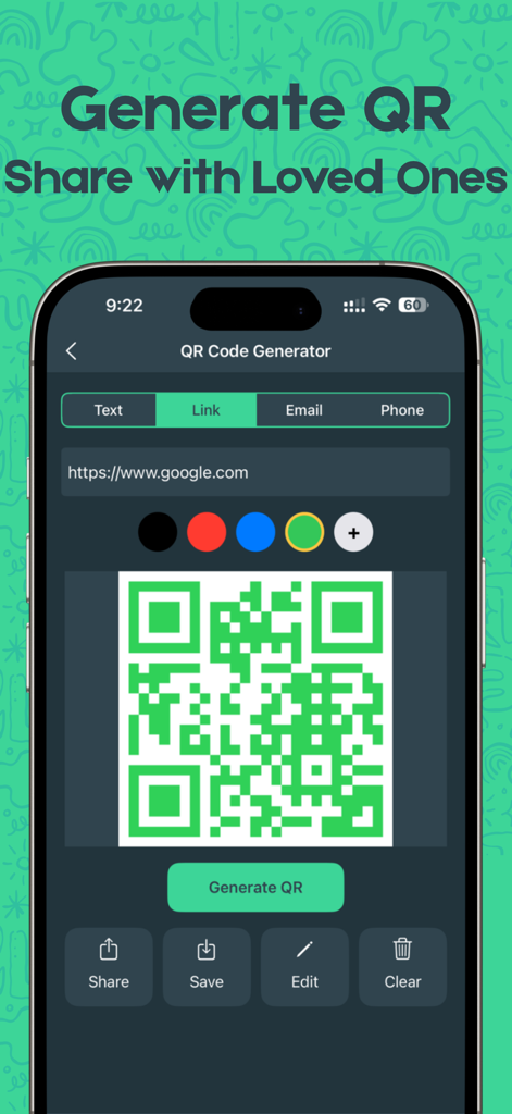 Interface of a QR code generator within an app for sharing links and information