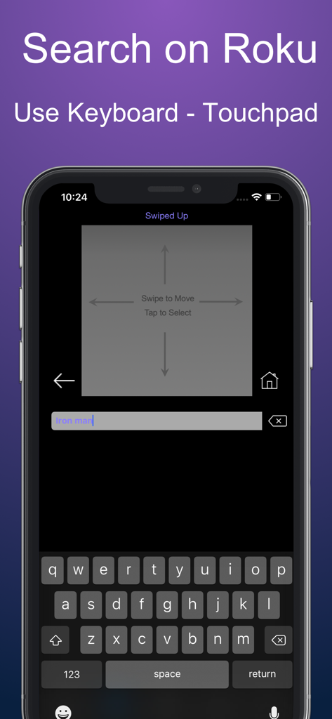 Roku remote app search feature with keyboard and touchpad control