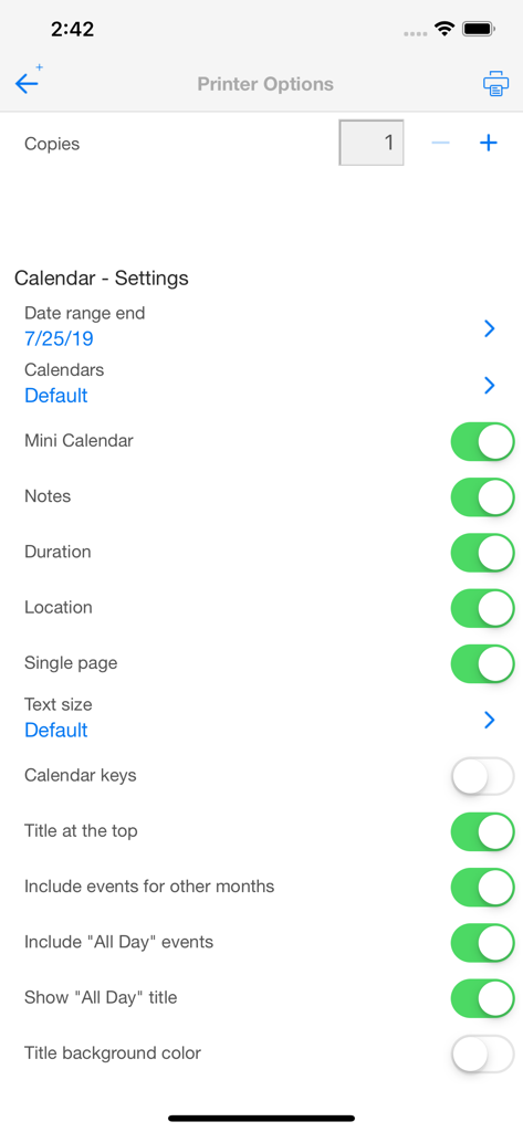 CalPrint for iPhone printer options screen showing calendar customization and layout settings