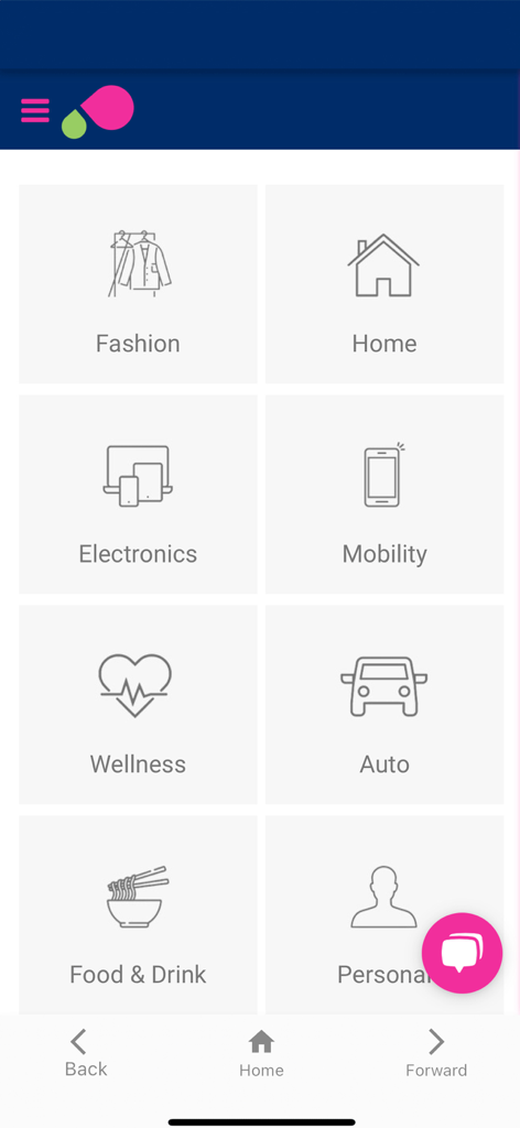 Panel de la aplicación móvil Perkopolis que muestra iconos para varias categorías de beneficios, incluidas Moda, Hogar, Electrónica, Movilidad, Bienestar, Automóvil, Comida y bebida, y Personal.