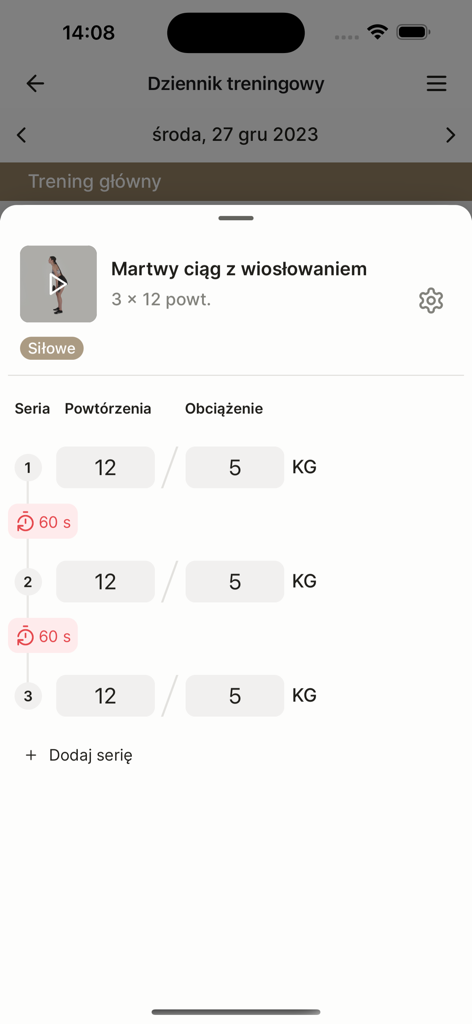 SylwetkaPro - SylwetkaPro mobile app interface showing a training journal with sets and weights for a deadlift exercise.
