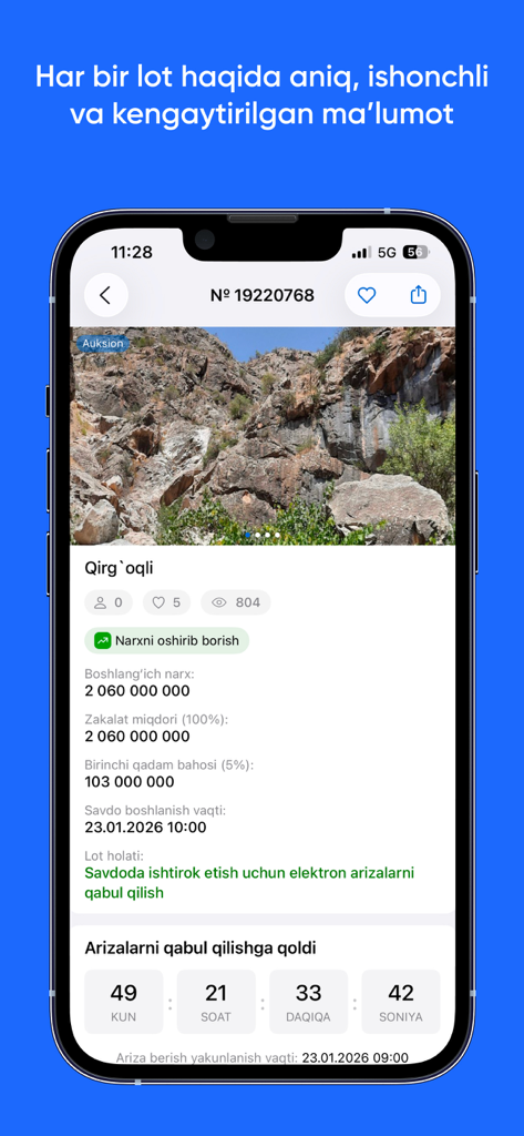 e-auksion - Uma tela móvel mostrando informações detalhadas de um lote de leilão no aplicativo e-auksion, incluindo fotos e preços do imóvel.