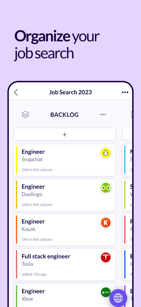 Interfaccia dell'app Huntr che mostra un backlog di candidature di lavoro tracciate su una bacheca Kanban