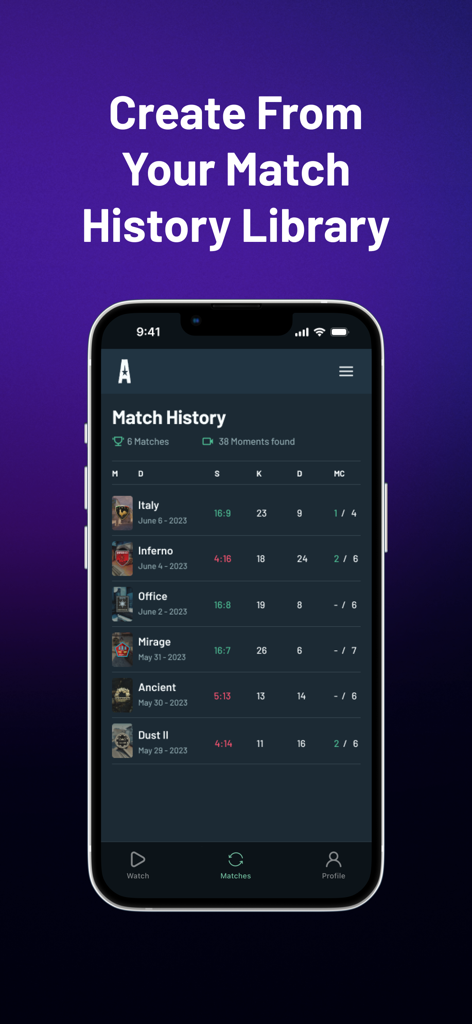 Allstar.gg mobile app showing a library of gaming match history for creating video clips