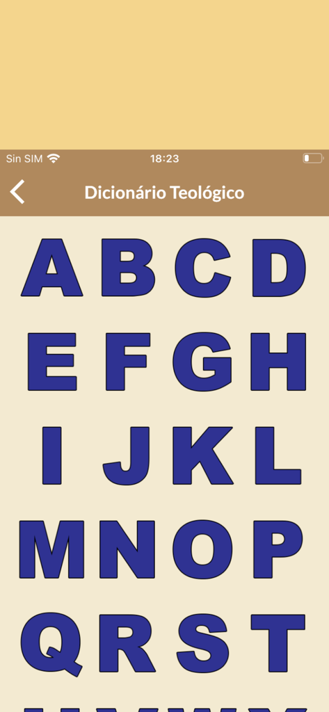 Índice alfabético do dicionário teológico no aplicativo Esboços de Pregações.