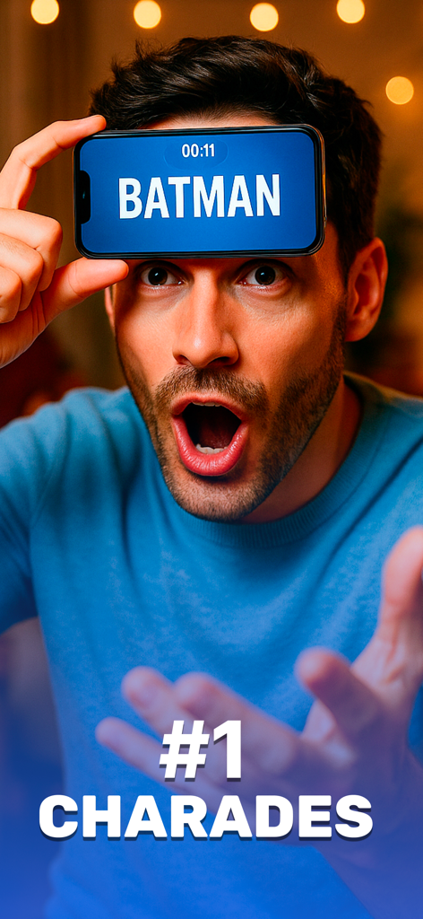 Headbands: Charades for Adults - Ein Mann spielt das Headbands-Charades-Spiel mit einem Handy auf der Stirn, auf dem das Wort Batman steht.