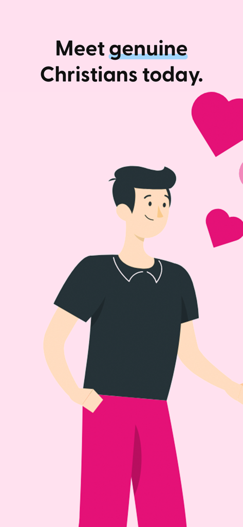 Illustration of a smiling man with hearts and the text Meet genuine Christians today