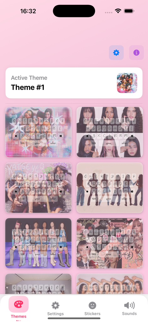 Katseye Kpop keyboard- Sticker - Katseye Kpop keyboard app interface showing a gallery of custom girl group themed keyboard backgrounds