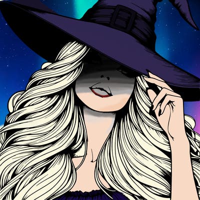 beautiful witch that looks like sabrina carpenter witch hat covering eyes camera angle looking down