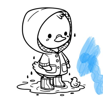 baby duck in a rain coat and boots, in a puddle while it’s raining