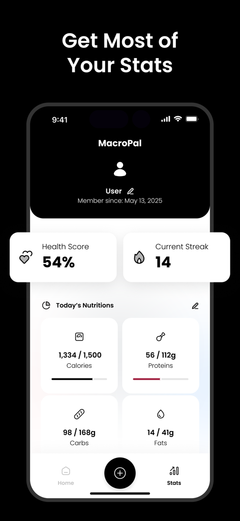 MacroPal: AI Calorie Tracker - MacroPal app interface showing health score streak and daily nutrition tracking for calories and macros.