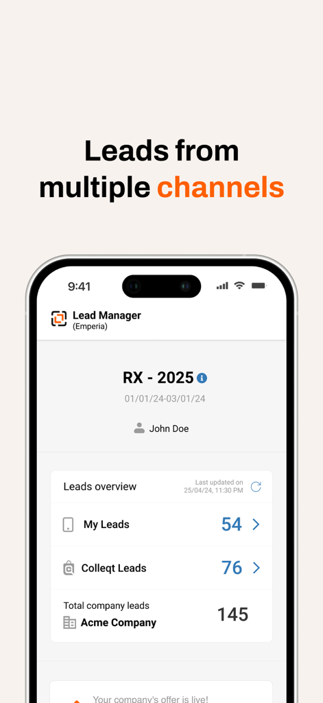 RX Lead Manager (Emperia) - RX 리드 매니저 앱 인터페이스에 개인 및 회사 합계를 포함한 다양한 채널의 리드 개요 표시