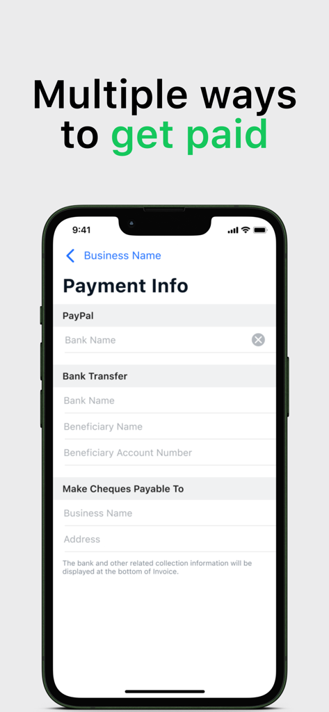 Invoice App: Estimate Maker - iPhone screen displaying various payment methods like PayPal and bank transfer within the Invoice App