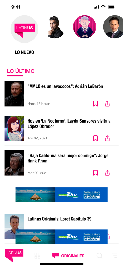 Latinus - Interface of the Latinus news app displaying the latest news headlines and investigative journalism in Spanish.