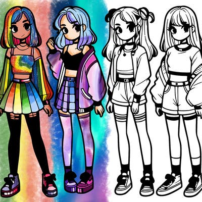 one girl with crop-top shirt and a jacket with a skirt, long socks and another girl with a shirt and pants with a jacket