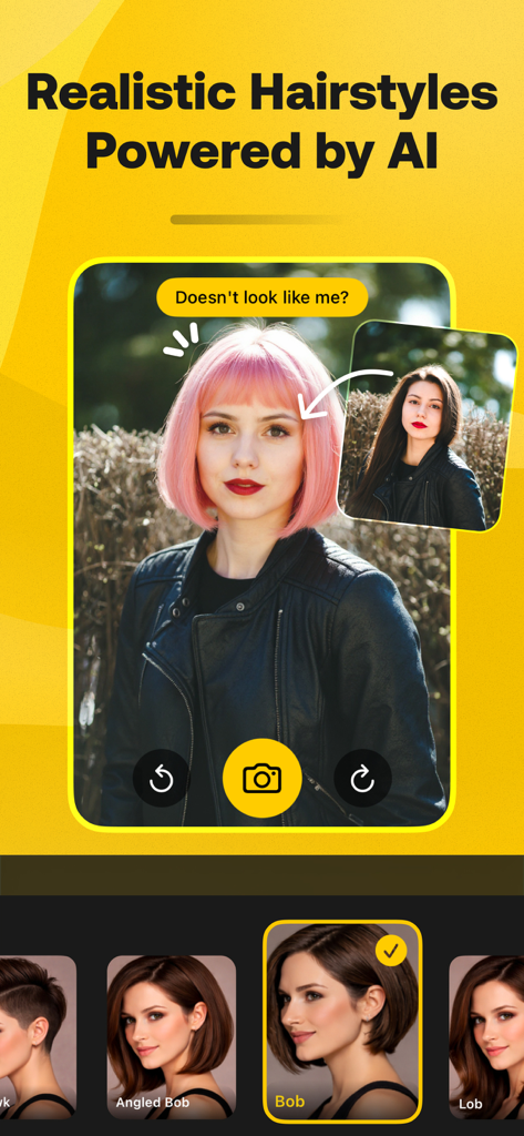 Hair Color & Style Changer AI - A woman using StyleGen app to virtually try on a pink bob hairstyle with a menu of other haircut options like angled bob and lob