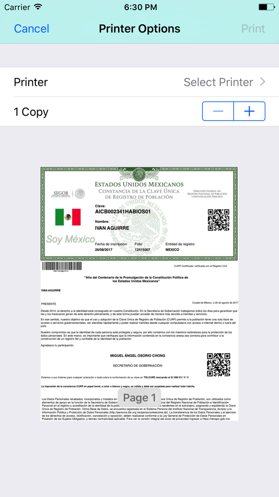 CurpBot - Download your CURP - Interface of the CurpBot app showing the printer options and a preview of a Mexican CURP identity document