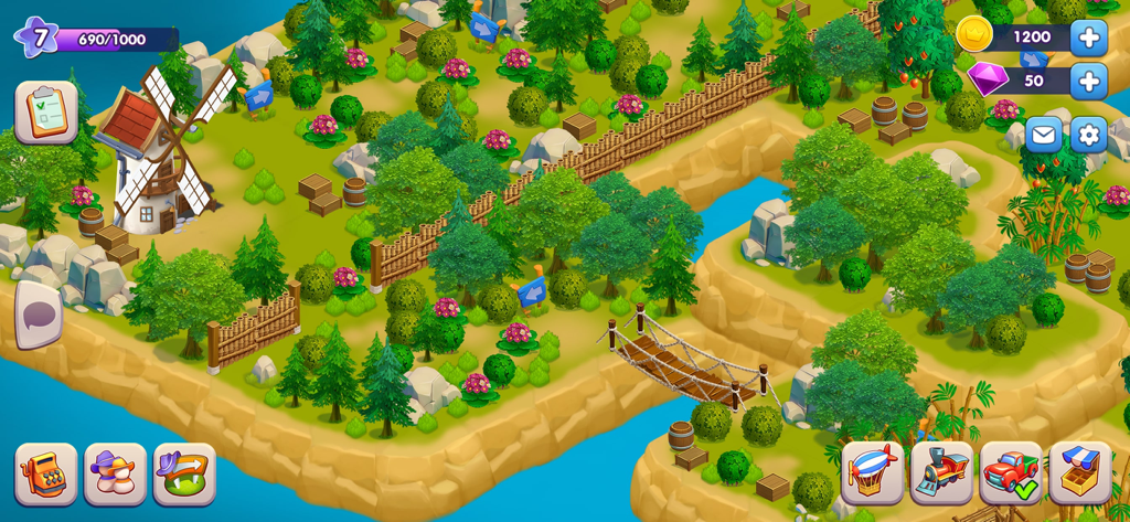 Isometric view of a lush farm village in Golden Farm featuring a windmill and a rope bridge