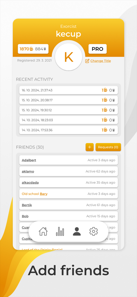 Beer Me In - User profile screen of the Beer Me In app showing recent activity and a list of friends