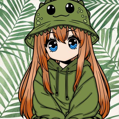 girl with anime shaped eyes with a dinosaur bucket hat oversized sweatshirt long straight hair