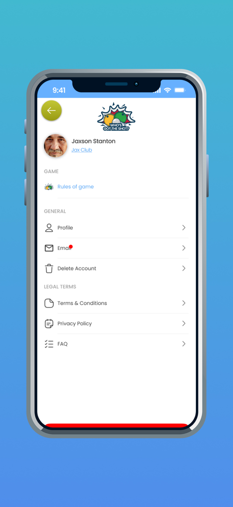 Konto-Einstellungen-Bildschirm der WGTS Rasenbowling-App mit Profil- und rechtlichen Optionen