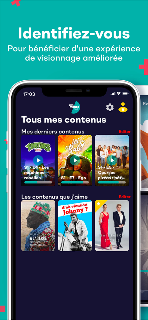 TV5MONDEplus - Écran mobile montrant le tableau de bord personnalisé du contenu avec les favoris et les visionnages récents dans l'application TV5MONDEplus