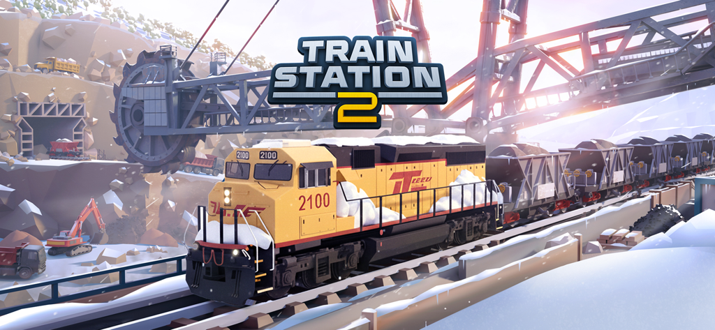 A yellow diesel locomotive pulling freight cars through a snowy industrial landscape under the Train Station 2 logo.