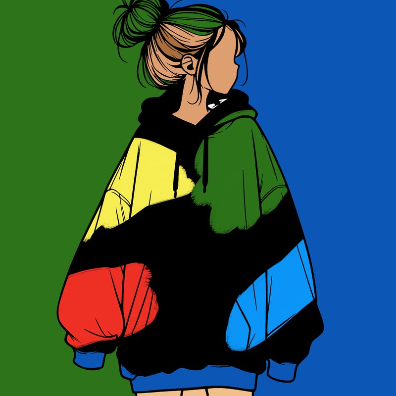 realistic girl with a oversized sweatshirt on and a bun