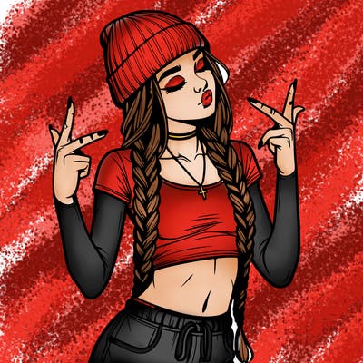 realistic teenage girl with braids and a beanie and crop top doing 🫶🏼