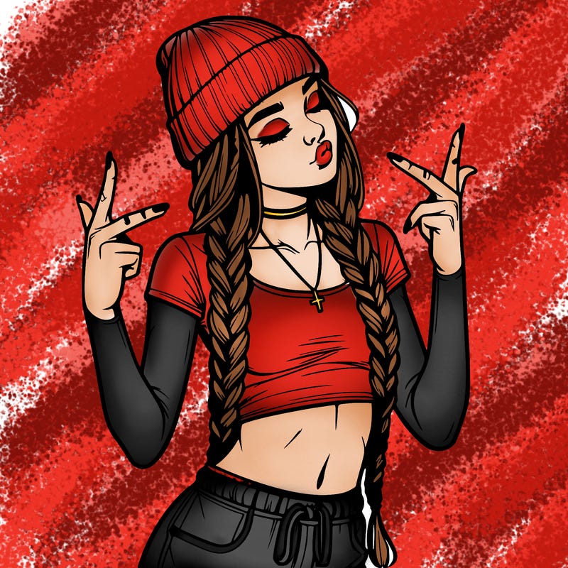 realistic teenage girl with braids and a beanie and crop top doing 🫶🏼
