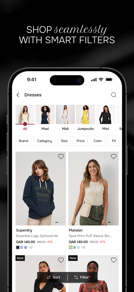 bfab app showing the dresses category with smart filter options for brand size and price